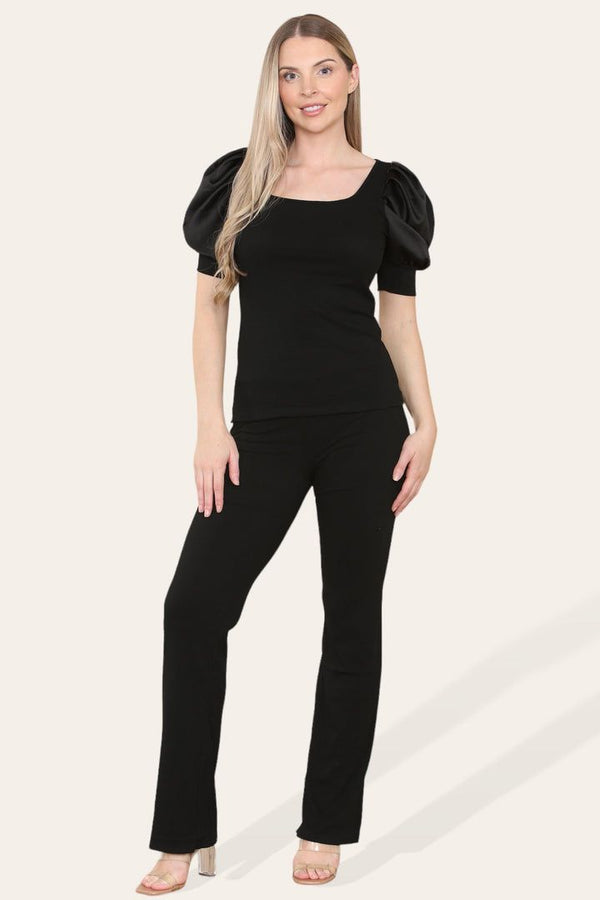 Kind Vibe Women's Silky Satin Puff Sleeves Ribbed Lounge Set - Black