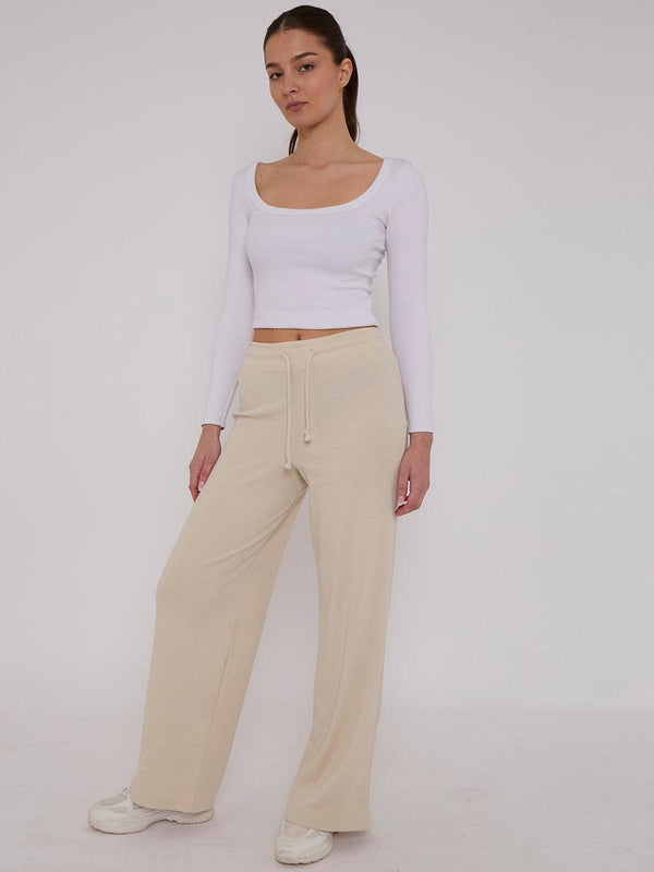 Kind Vibe Women's Wide Leg Ribbed Joggers Trousers - Stone