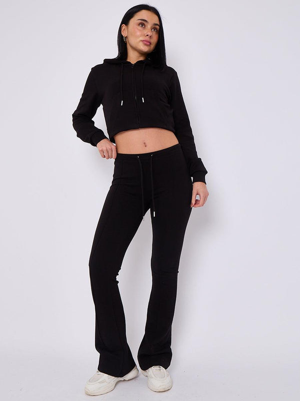 Kind Vibe Women's Interlock Cropped Zip Hoodie and Bell Bottom Trouser Set - Black