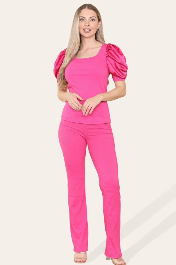 Kind Vibe Women's Silky Satin Puff Sleeves Ribbed Lounge Set - Fuchsia