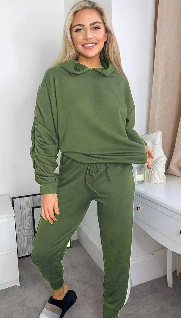 Kind Vibe Women's Ruched Sleeve Hoodie top & Bottom Suit Loungewear Co-Ord Set Casual - Khaki)