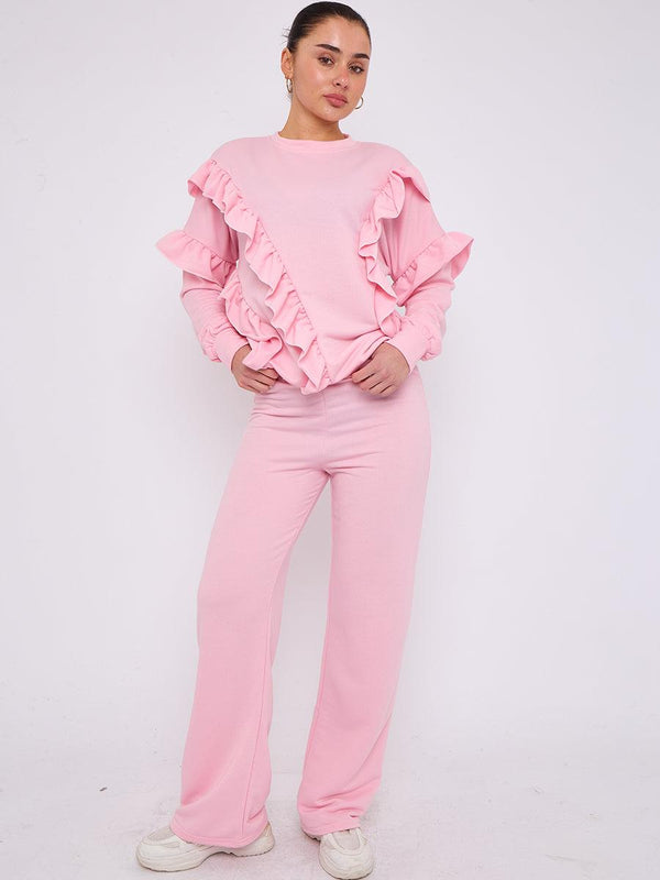 Kind Vibe Women's Long Sleeve Frill Top & Wide Leg Trouser Co-ord Set - Pink