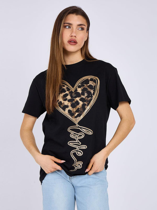 Kind Vibe Women's Leopard Heart Graphic Printed T-Shirt Top - Black