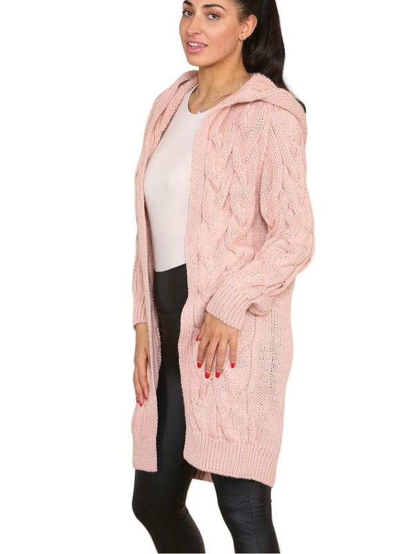 Kind Vibe Women's Knitted Cables Hooded Long Over Sized Cardigan One Size (6-20) - Dusty Pink