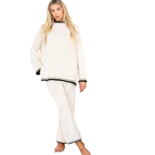 Kind Vibe Women's Long Sleeve Contrast Stitching Loungewear Two Piece Co-Ord Set (One Size 6-12) Womenswear - Beige