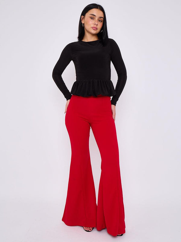 Kind Vibe Women's Ladies High Waist Flared Trousers - Red