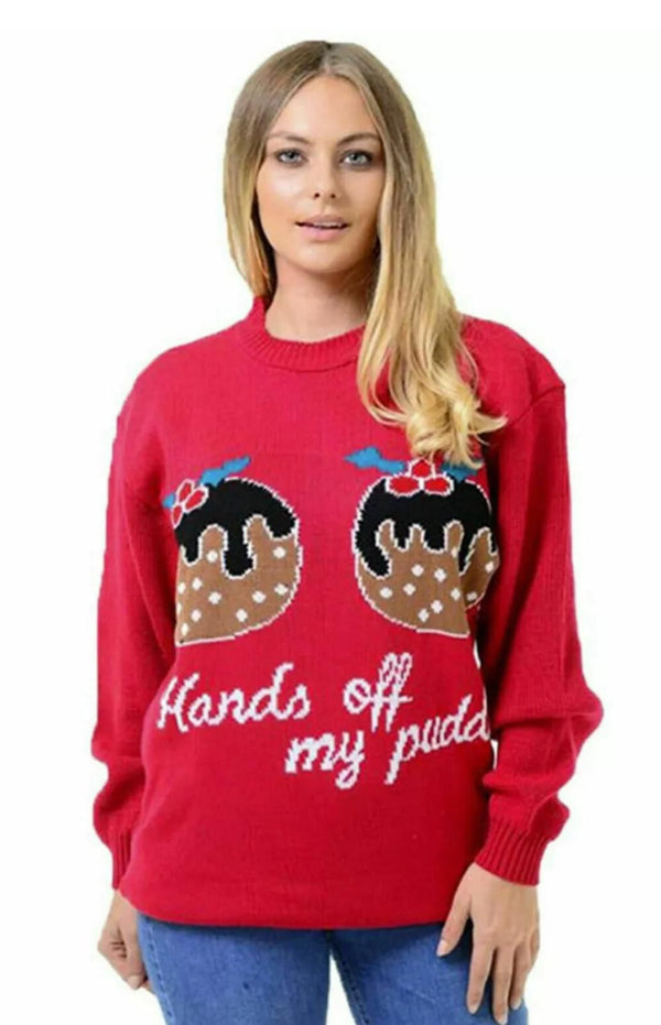 Kind Vibe  Women's HANDS OFF MY PUDDING Xmas Christmas Knitted Jumper Top dress - Red