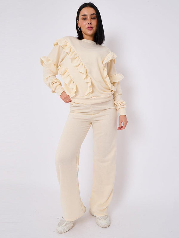 Kind Vibe Women's Long Sleeve Frill Top & Wide Leg Trouser Co-ord Set - Cream