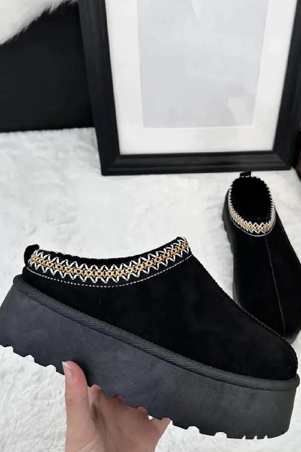 Kindvibe Embroidered Platform Faux Fur Winter Slippers - Black Yellow