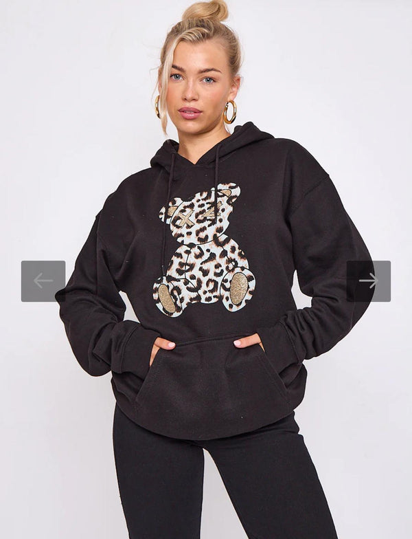 Kind Vibe Women's Long Sleeve Oversized Leopard Print Teddy Graphic Hoodie Comfort - Black