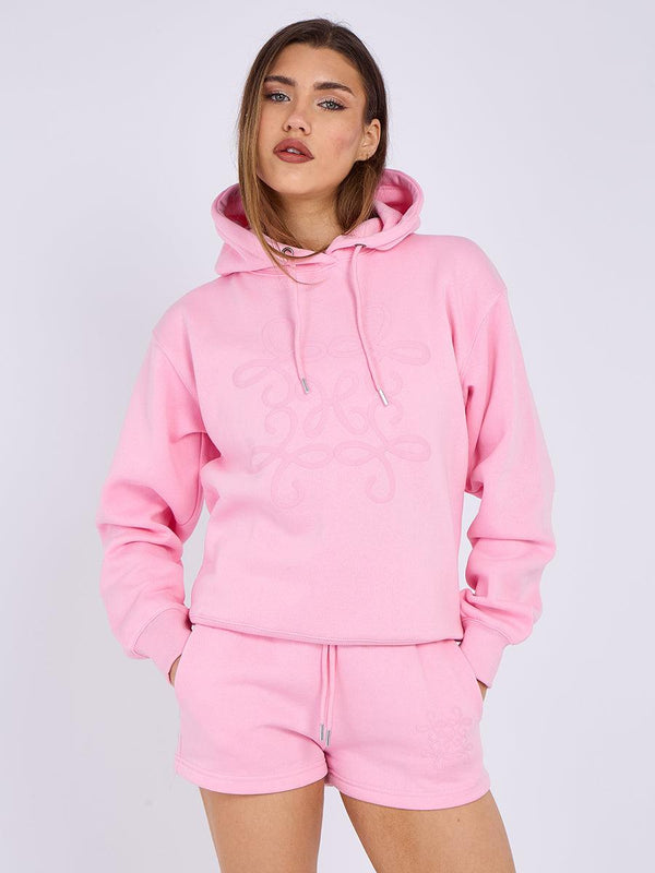 Kind vibe Women's Embroidered Hoodie & Shorts Fleece Co-ord Set - Pink