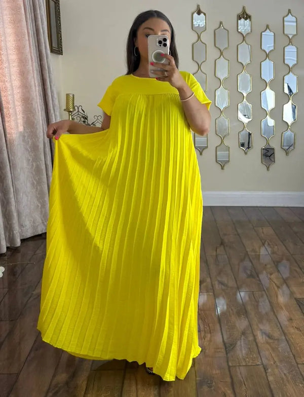 Kind Vibe WOmens Long Pleated Summer Maxi Dress With Pockets - Yellow