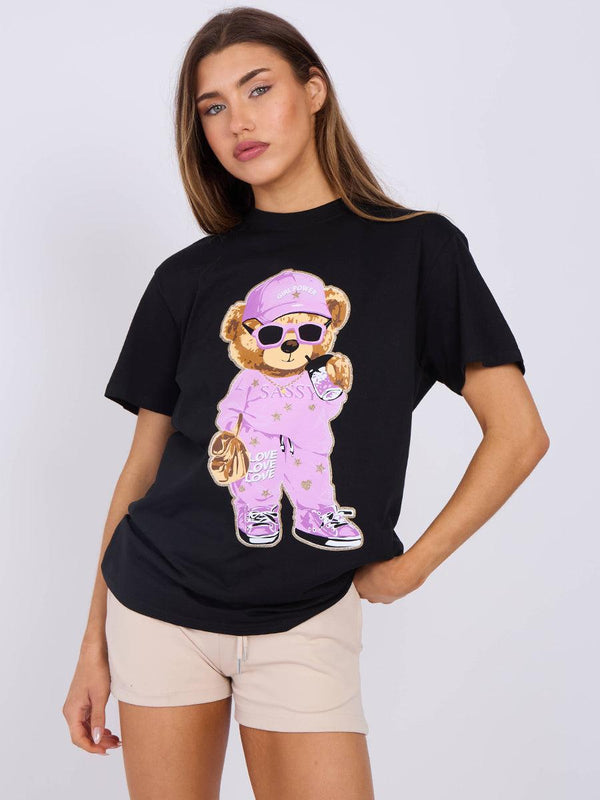Kind Vibe Women's Sassy Print Teddy Graphic Printed T-Shirt Top - Black