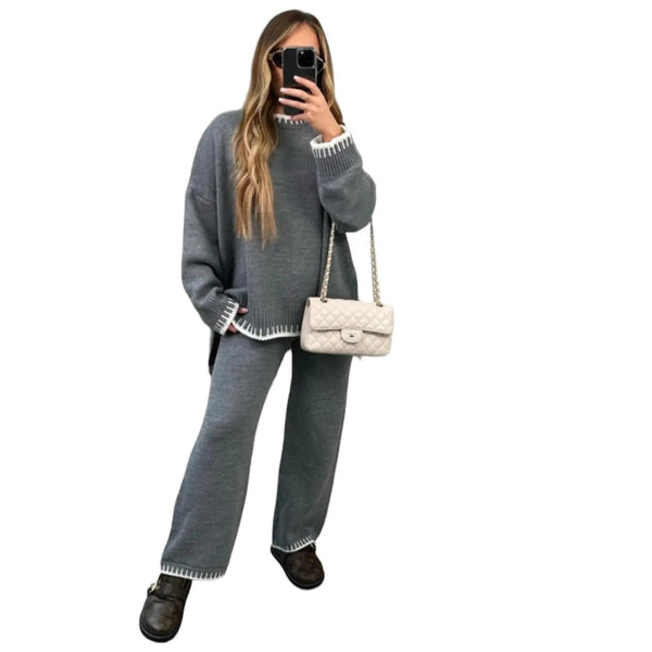Kind Vibe Women's Long Sleeve Contrast Stitching Loungewear Two Piece Co-Ord Set (One Size 6-12) Womenswear - Charcoal