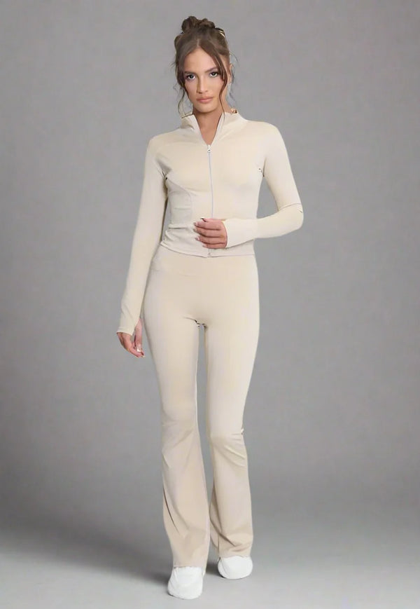 Kind Vibe Women's Active Zip Top And Push Up Flare Trouser Set - Beige