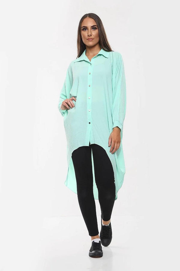 Kind Vibe Women's High-Low Oversized Button Long Top Shirt Dress with Hem and Long Sleeves Comfortable - Mint