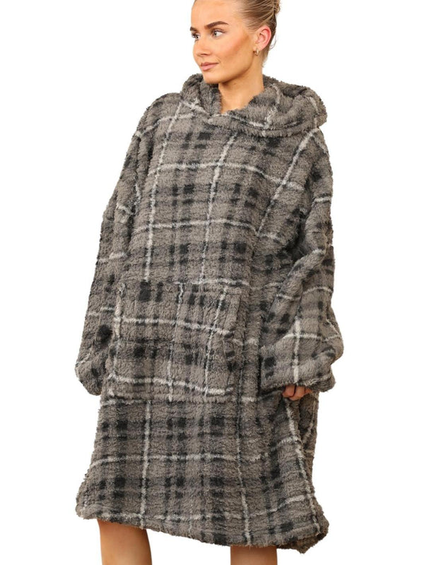 Kind vibe Women's Oversized Super Soft Sherpa Blanket Fleece warm Unisex Sweatshirt Fit All Sizes Hoodie  -  Grey Tartan