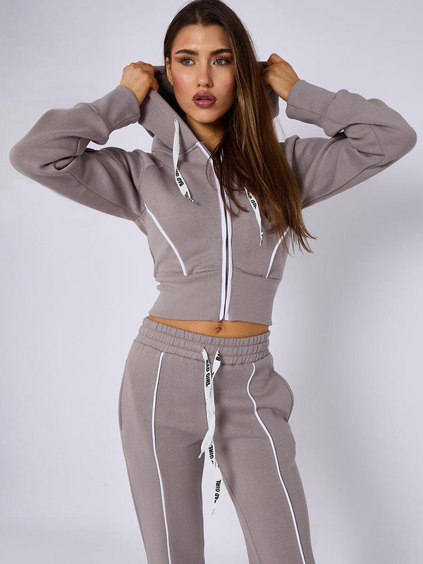 Kind Vibe Women's Bad Girl Print Tape Drawstring Fleece Cropped Zip Up Hoodie & Jogger Set - Dove Grey