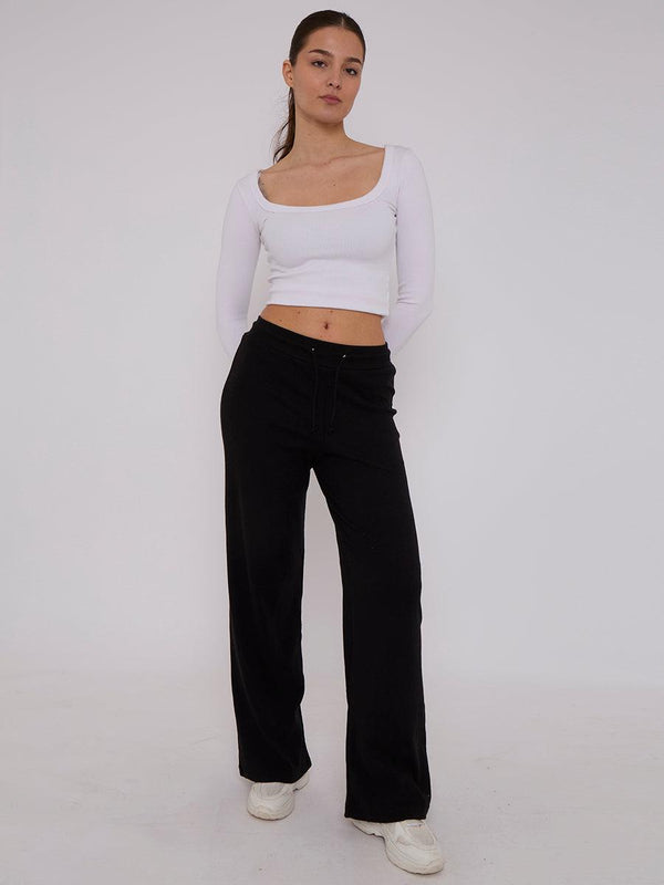 Kind Vibe Women's Wide Leg Ribbed Joggers Trousers - Black