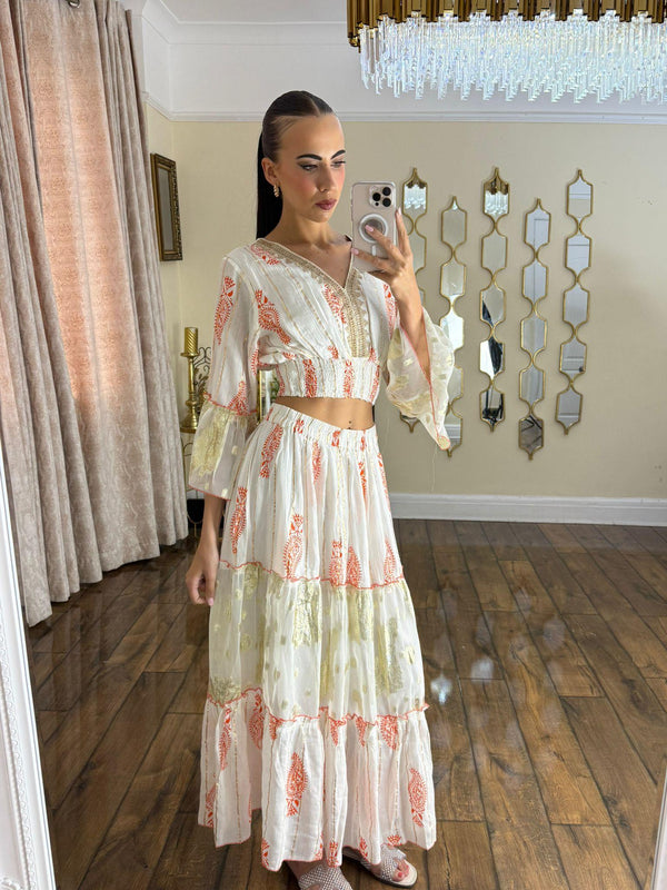 Kind Vibe Women's Printed Top and Maxi Skirt Summer Dress Co Ord Set (One Size 6-12) - Pech Print