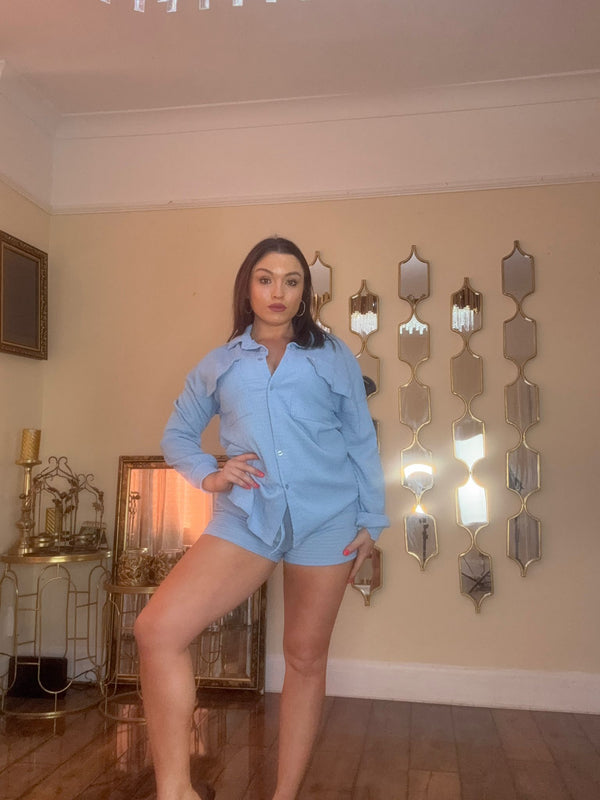 Kind Vibe Women's Long Sleeve Summer Top and Shorts Co-ord Set - Sky Blue