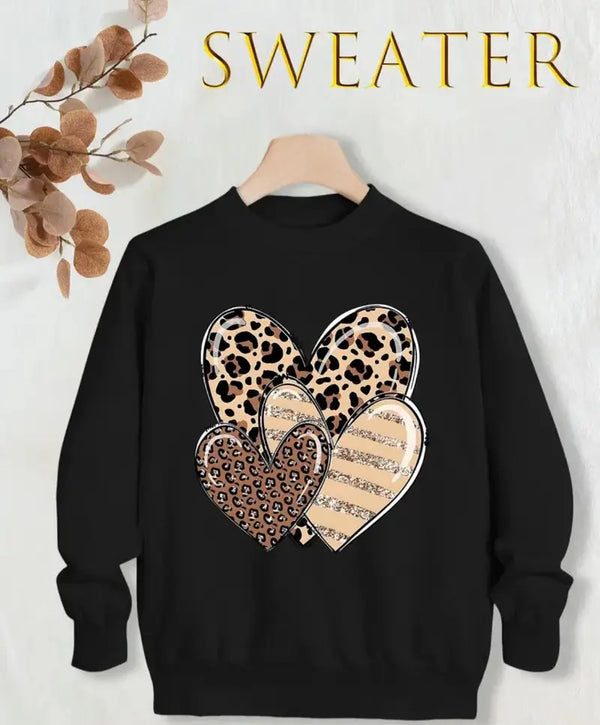 Kind Vibe Women's Long Sleeve Heart Stripe Leopard Print Round Neck Sweatshirt