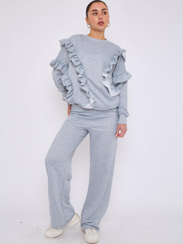 Kind Vibe Women's Long Sleeve Frill Top & Wide Leg Trouser Co-ord Set - Grey