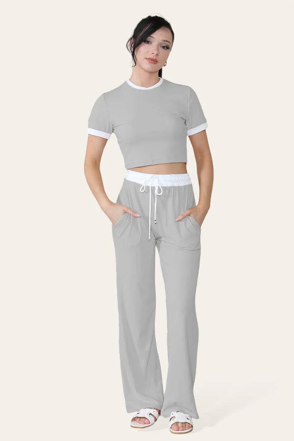 Kind Vibe Women's Ribbed Contrast Wide Leg Flared Trousers And Top Loungewear TRS Cropped Set - Grey
