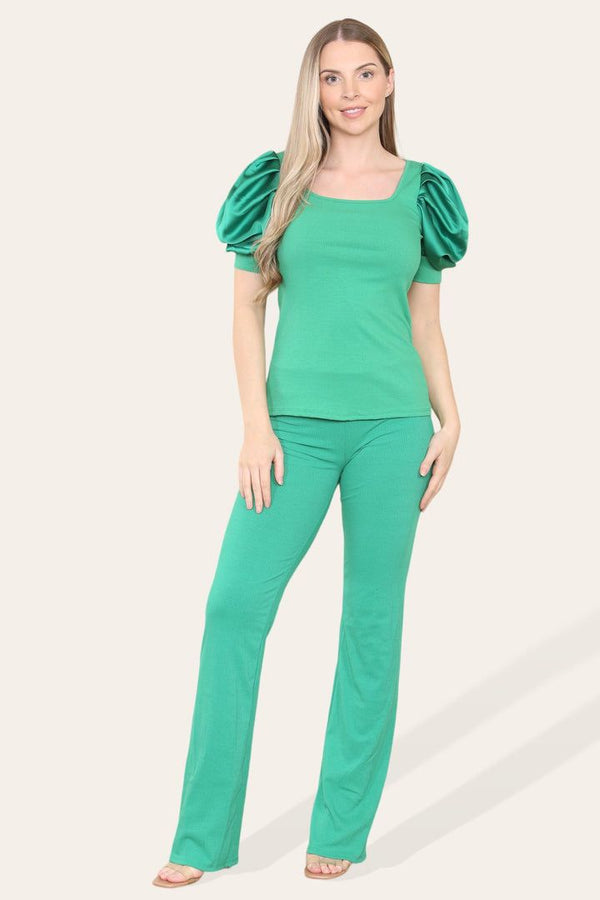 Kind Vibe Women's Silky Satin Puff Sleeves Ribbed Lounge Set - Green
