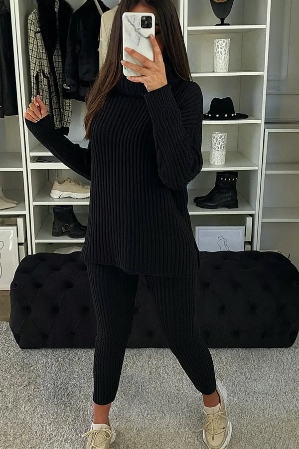 Kind Vibe Women's Chunky Knitted High Roll Neck Tracksuit Ribbed Loungewear Suit Set (One Size 6-14)