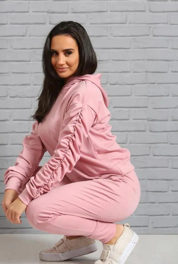 Kind Vibe Women's Ruched Sleeve Hoodie top & Bottom Suit Loungewear Co-Ord Set Casual - Rose