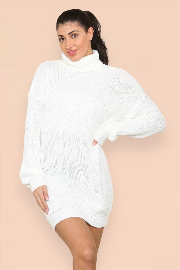 Kind Vibe Women's Polo Roll Neck Over Sized Ribbed Knitted Florescent Chunky Sweater Jumper Dress Womenswear - Cream
