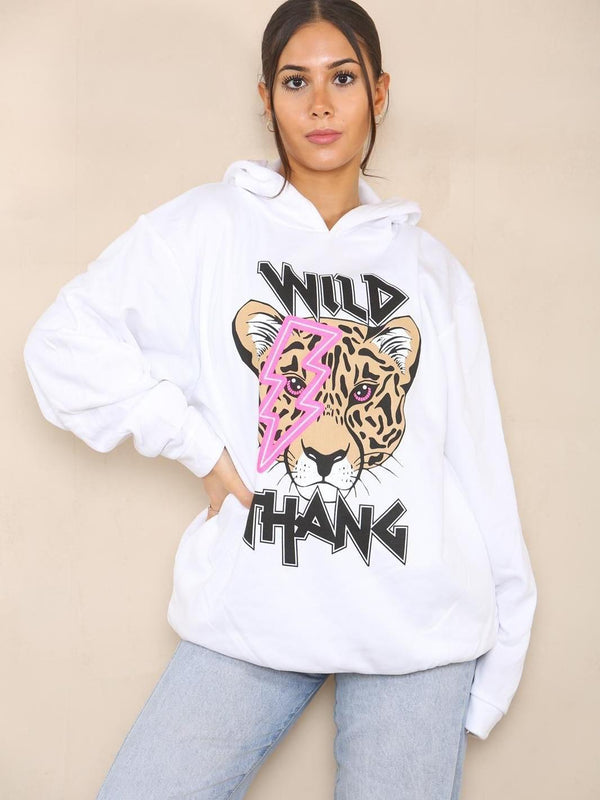 Kind Vibe Women's WILD THANG Hooded Sweatshirt Long Sleeve Pullover Jumper Hoodie Casual - White