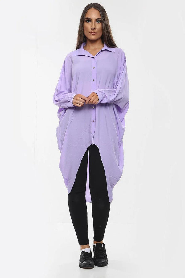 Kind Vibe Women's High-Low Oversized Button Long Top Shirt Dress with Hem and Long Sleeves Comfortable - Lilac