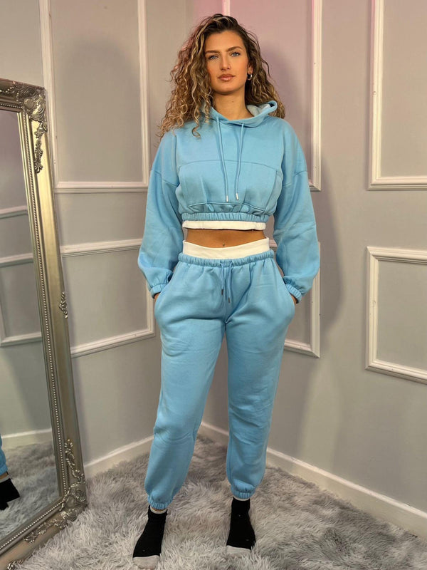 Kind Vibe Women's Fleece Cropped Suit With Rib Trim Detail Co-ord Set - Blue
