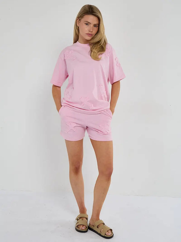 Kind Vibe Womens Cross Embroidered T-Shirt & Shorts Co Ord Set - Pink
