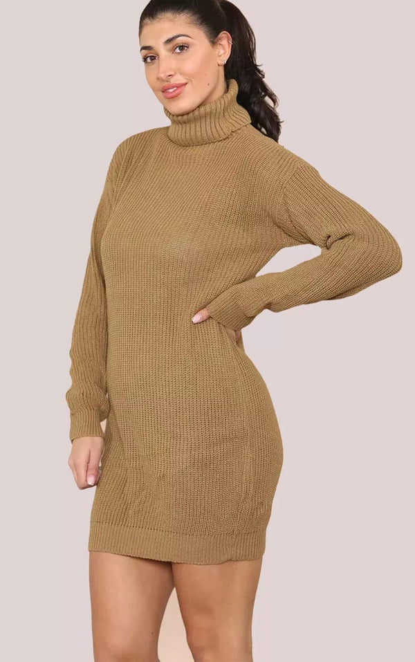 Kind Vibe Women's Polo Roll Neck Over Sized Ribbed Knitted Florescent Chunky Sweater Jumper Dress Womenswear -  Mocha