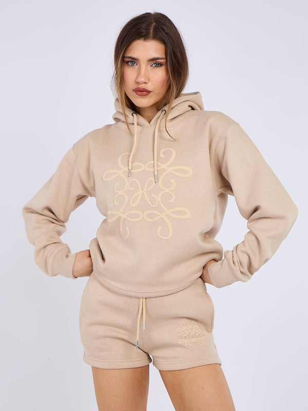 Kind vibe Women's Embroidered Hoodie & Shorts Fleece Co-ord Set - Oatmeal