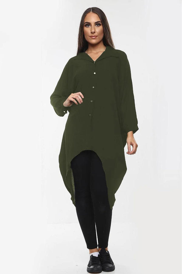 Kind Vibe Women's High-Low Oversized Button Long Top Shirt Dress with Hem and Long Sleeves Comfortable - Khaki