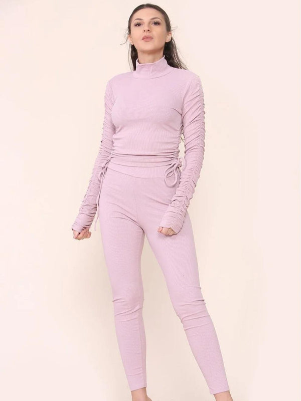Kind Vibe Women's High Neck Ruched Side Arm Solid Drawstrings Ribbed Tee and Leggings Set - Dusty Pink