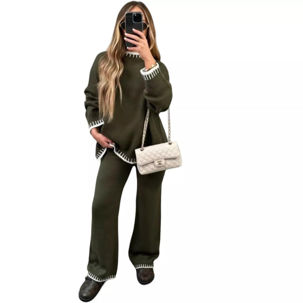Kind Vibe Women's Long Sleeve Contrast Stitching Loungewear Two Piece Co-Ord Set (One Size 6-12) Womenswear - Khaki