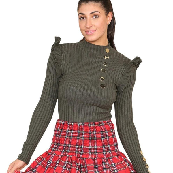 Kind Vibe Women's Button Detail Jumper with Frill - Khaki