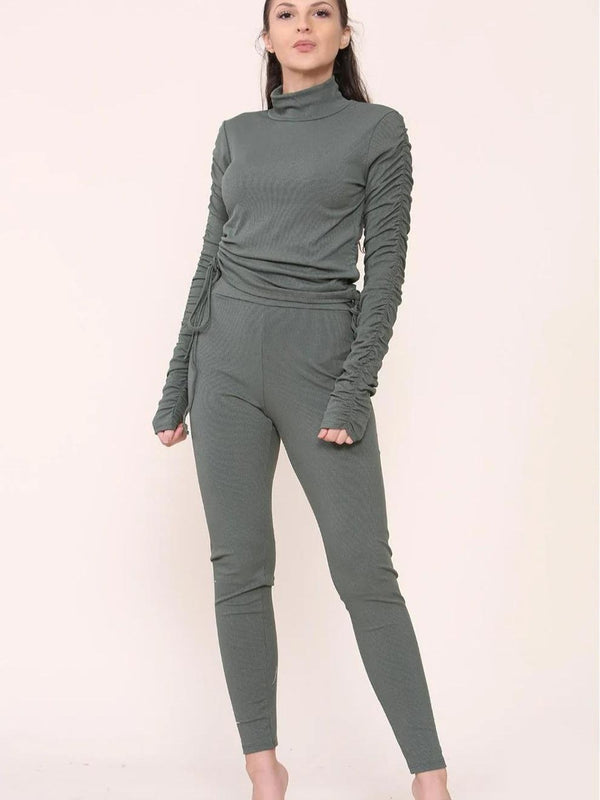 Kind Vibe Women's High Neck Ruched Side Arm Solid Drawstrings Ribbed Tee and Leggings Set - Khaki