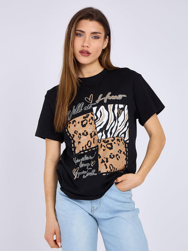 Kind Vibe Women's Wild At Heart Graphic Printed T-Shirt Top - Black