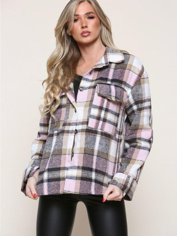 Kind Vibe Women's Casual Winter Shirt Top Ladies Check Fleece Jacket Tunic Shacket Comfort - Pink