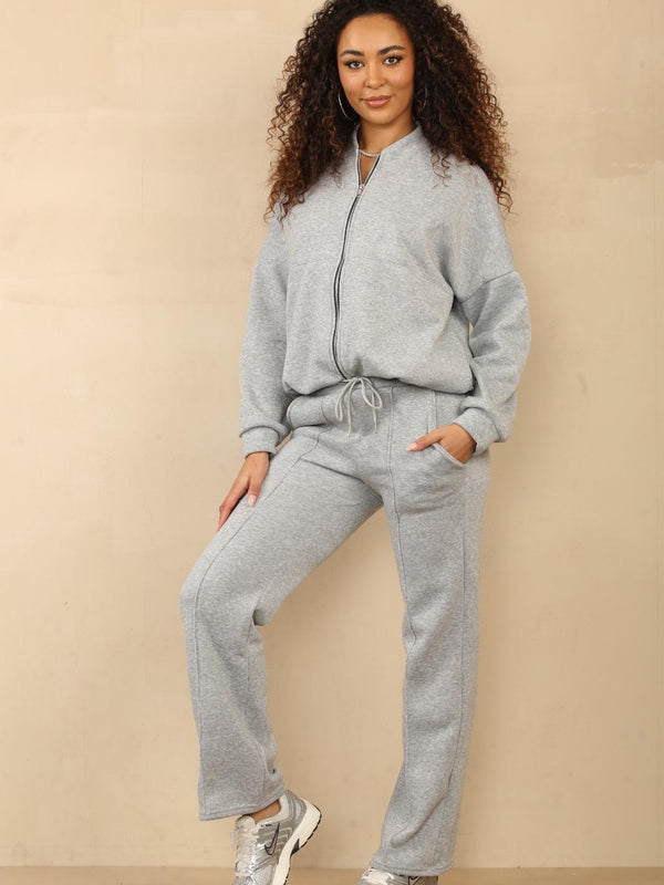 Kind Vibe Women's Bomber Oversized Baggy 2 Pieces Loungewear Causal Comfortable Tracksuit Set Womenswear - Light Grey