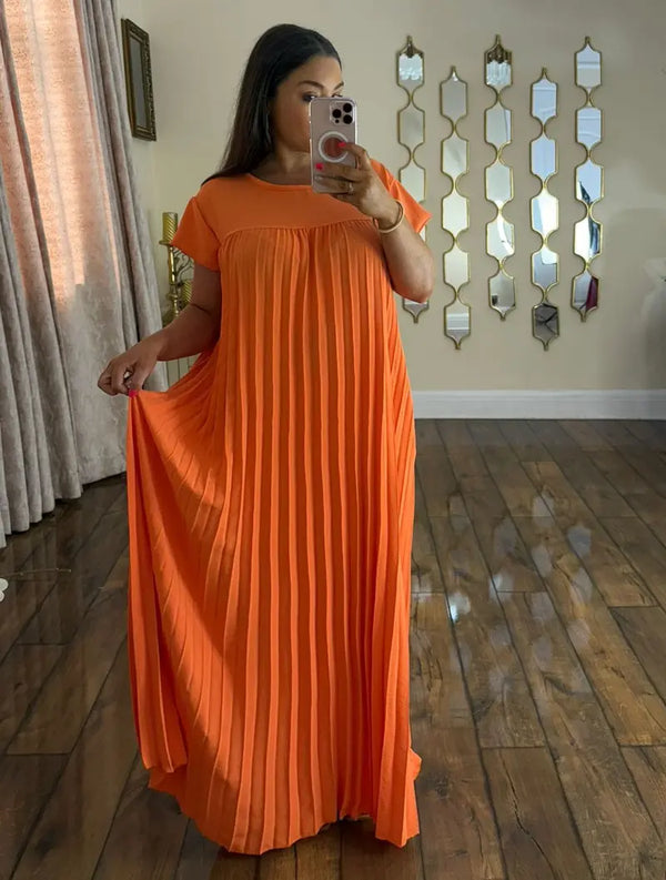 Kind Vibe WOmens Long Pleated Summer Maxi Dress With Pockets - Orange