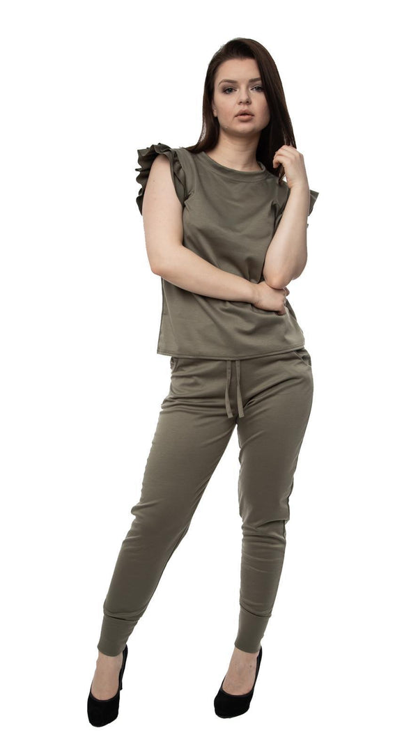 Kind Vibe Women's Frill boxy with Trouser Set (Many Colours) - Khaki