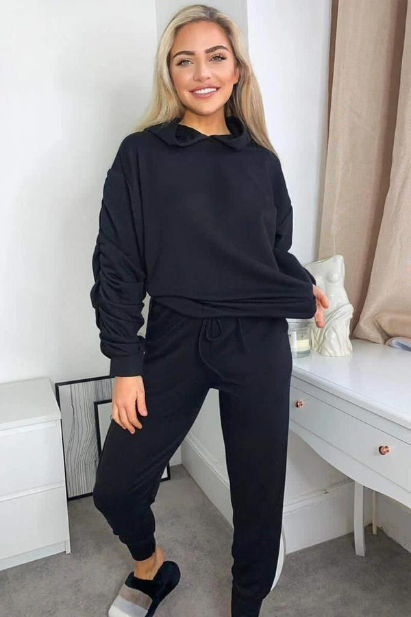 Kind Vibe Women's Ruched Sleeve Hoodie Top and Bottom Suit Lounge Set - Black