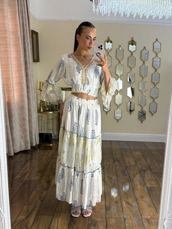 Kind Vibe Women's Printed Top and Maxi Skirt Summer Dress Co Ord Set (One Size 6-12) - Blue Print